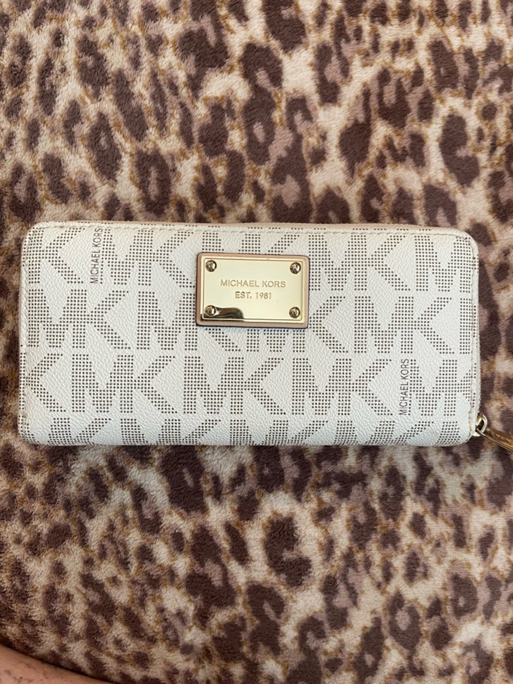 Michael Kors Cream Logo Continental Zip Wallet with Gold Plaque